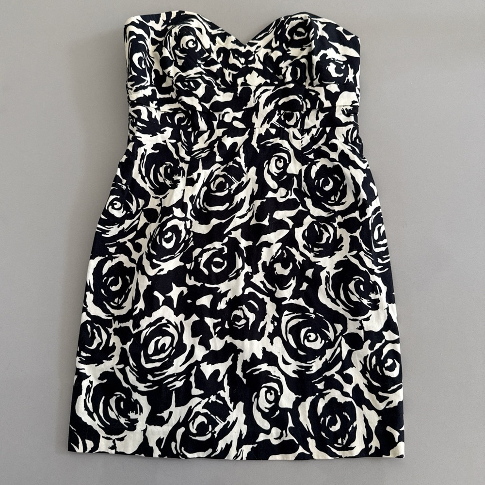 Strapless Black and White Floral Sheath Dress Summer Party Bridal Shower Size S